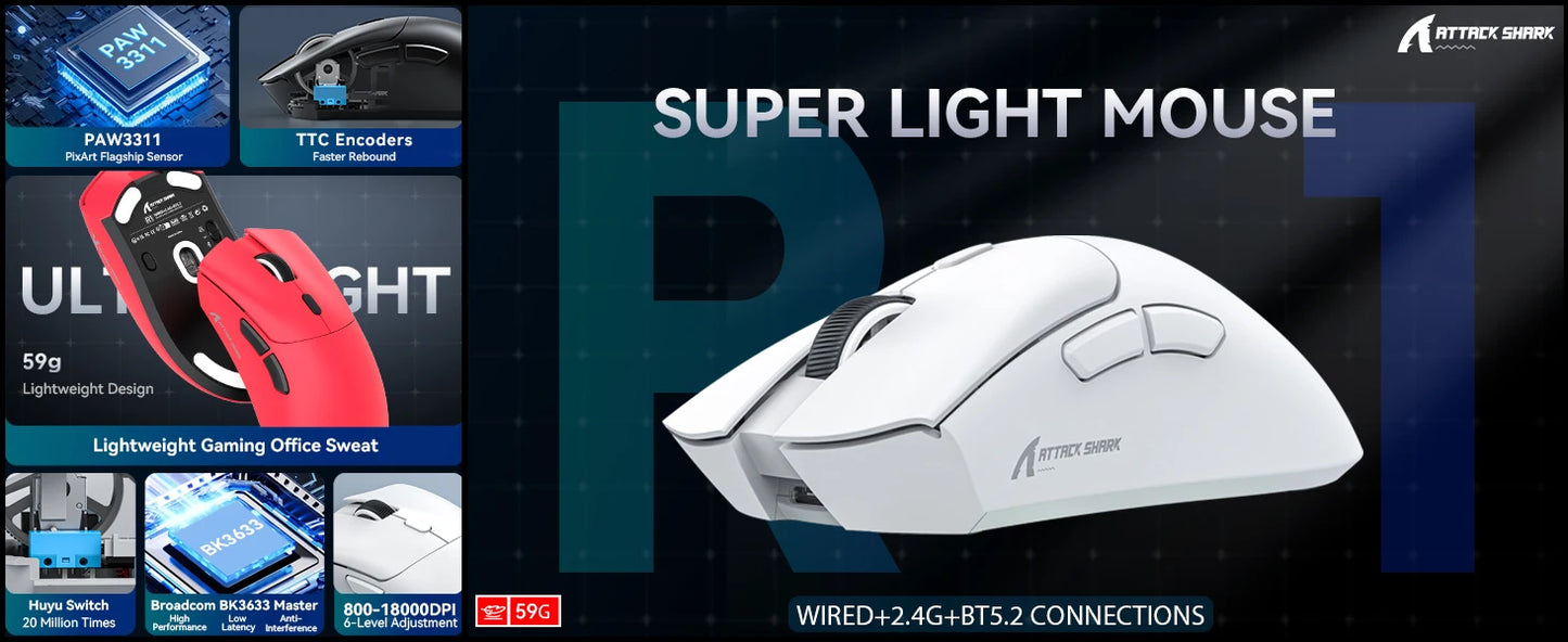 Геймърска мишка ATTACK SHARK R1 Tri-mode, сензор PixArt PAW3311, 18000 DPI, 1000hz, ултралека 59g за голяма ръка, за PC/Mac