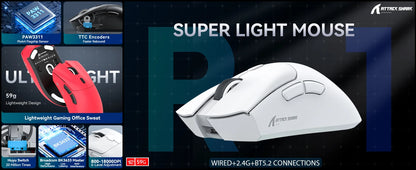 Геймърска мишка ATTACK SHARK R1 Tri-mode, сензор PixArt PAW3311, 18000 DPI, 1000hz, ултралека 59g за голяма ръка, за PC/Mac
