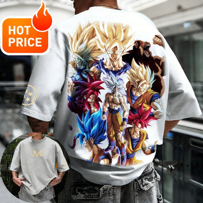 Sommer-Dragon Ball-T-shirt i 100 % bomuld med print af Goku i alle former – oversized gym- og streetwear-T-shirt i retrostil til voksne og børn