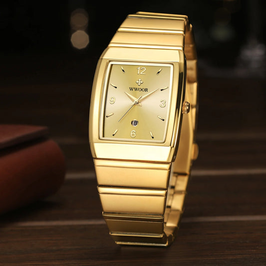 Relogio Masculino WWOOR New Man's Square Watch For Men with Automatic Date Luxury Stainless Steel Gold Mens Quartz Wrist Watches