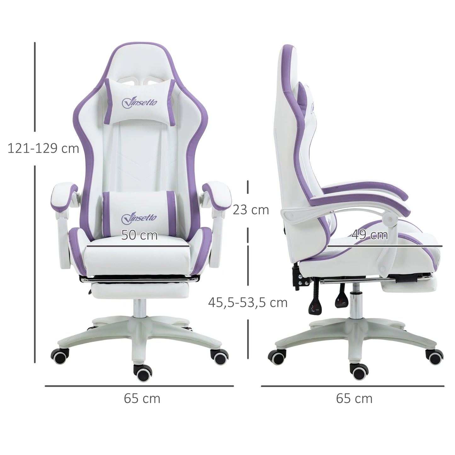 Vinsetto Gaming Chair PU Leather Gamer Chair Adjustable Height Reclining 135° Headrest and Footrest 65X65X121-129 cm White