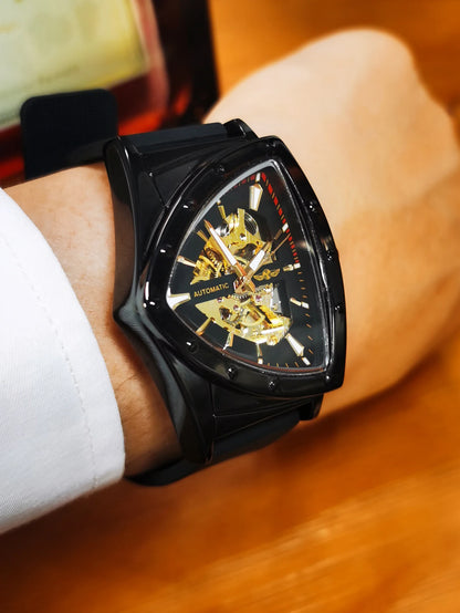 WINNER automatisk herreur, trekantet skeletdesign, selvlysende visere, gummiarmbånd, militærstil, luksuriøst mekanisk ur
