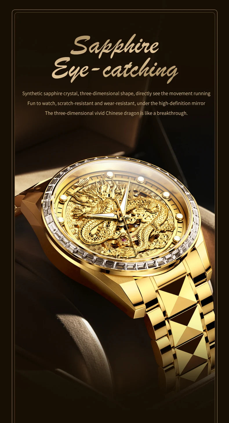 OUPINKE Men's Watches Top Brand Luxury Gold Tungsten Steel Original Automatic Mechanical Wristwatch Featured Dragon Pattern Dial
