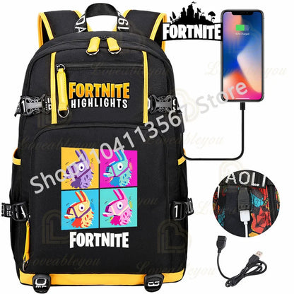 Red Jade F-Fortnited Battle Royale Backpack with USB Charging Anime Figures Study Stationery Compartment for Students Mochila