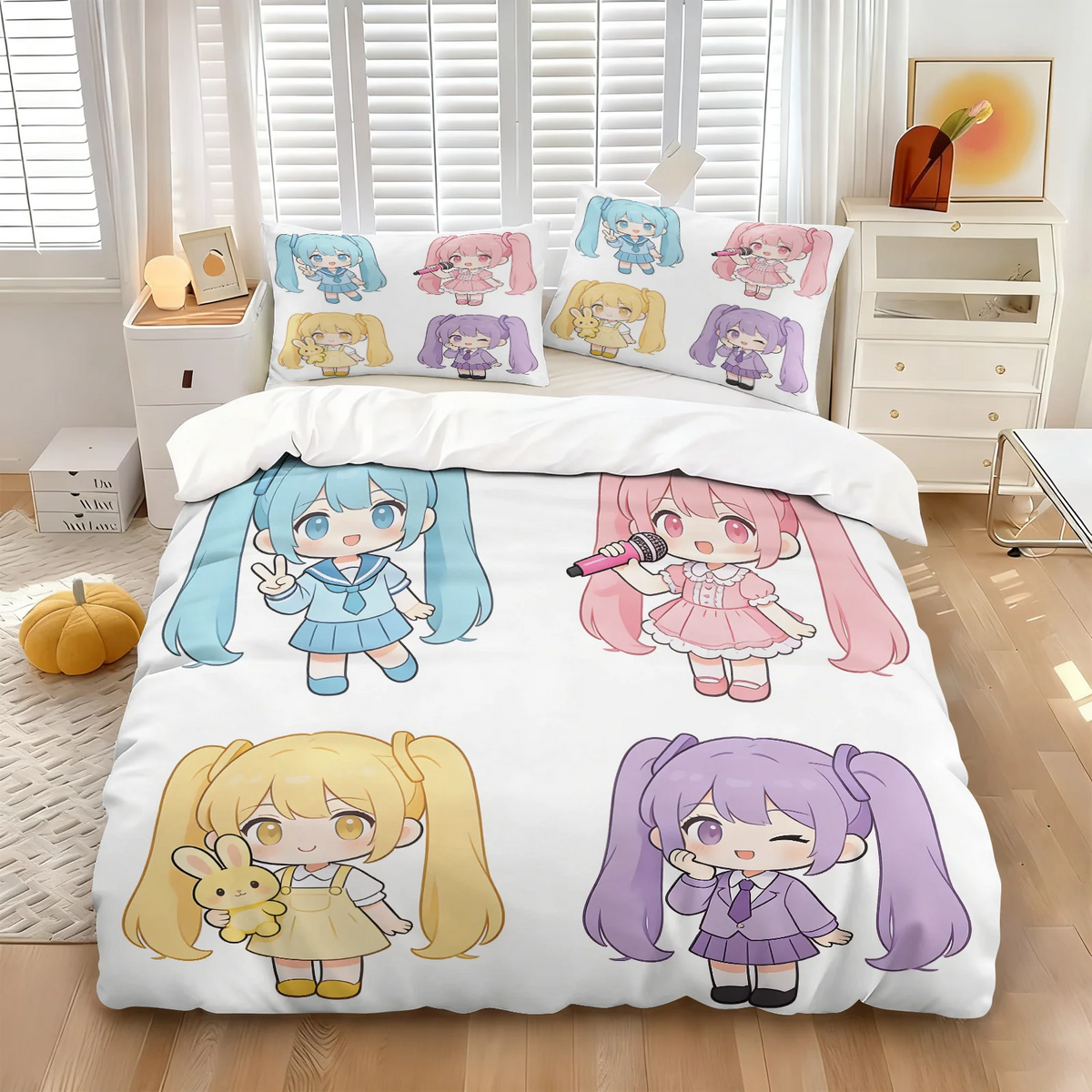 Σετ κάλυμμα παπλώματος Hatsune Miku σε στυλ Chibi – Χαριτωμένα κλινοσκεπάσματα anime με μαξιλαροθήκες – Διακόσμηση υπνοδωματίου για εφήβους και παιδιά – Δώρο για τους θαυμαστές