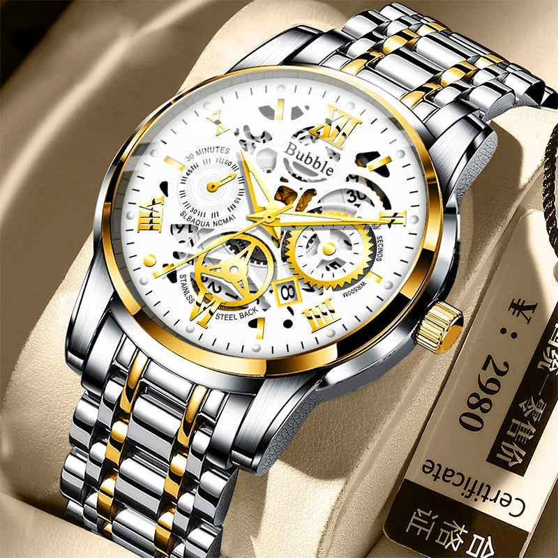 Montre pour homme UTHAI – Modèle tendance, haut de gamme, style « luxe accessible » et polyvalent; montre à quartz étanche, dotée d'un cadran ajouré avec chiffres romains.