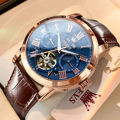 Montre homme OLEVS 6668, marque de renom, tendance et mécanique automatique, bracelet en cuir, étanche et lumineuse.