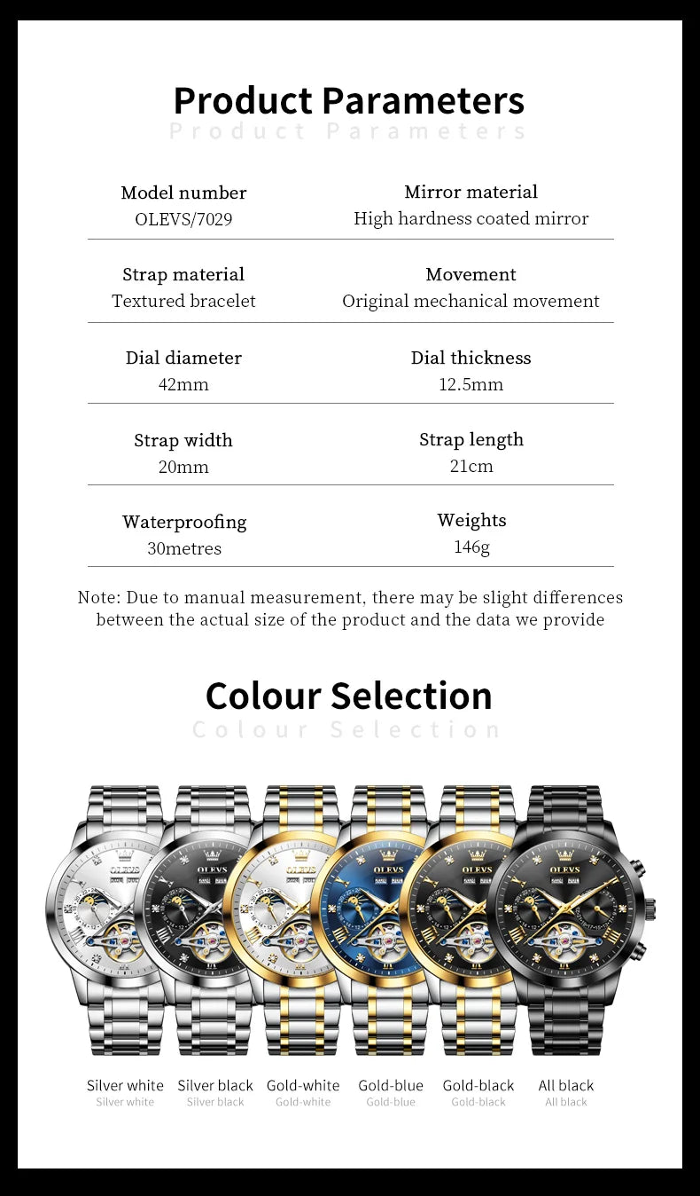 OLEVS Men's Watches - Moon Phase Hollow Flywheel Exclusive Original Automatic Mechanical Watches For Men Luxury Man Watch New 7029