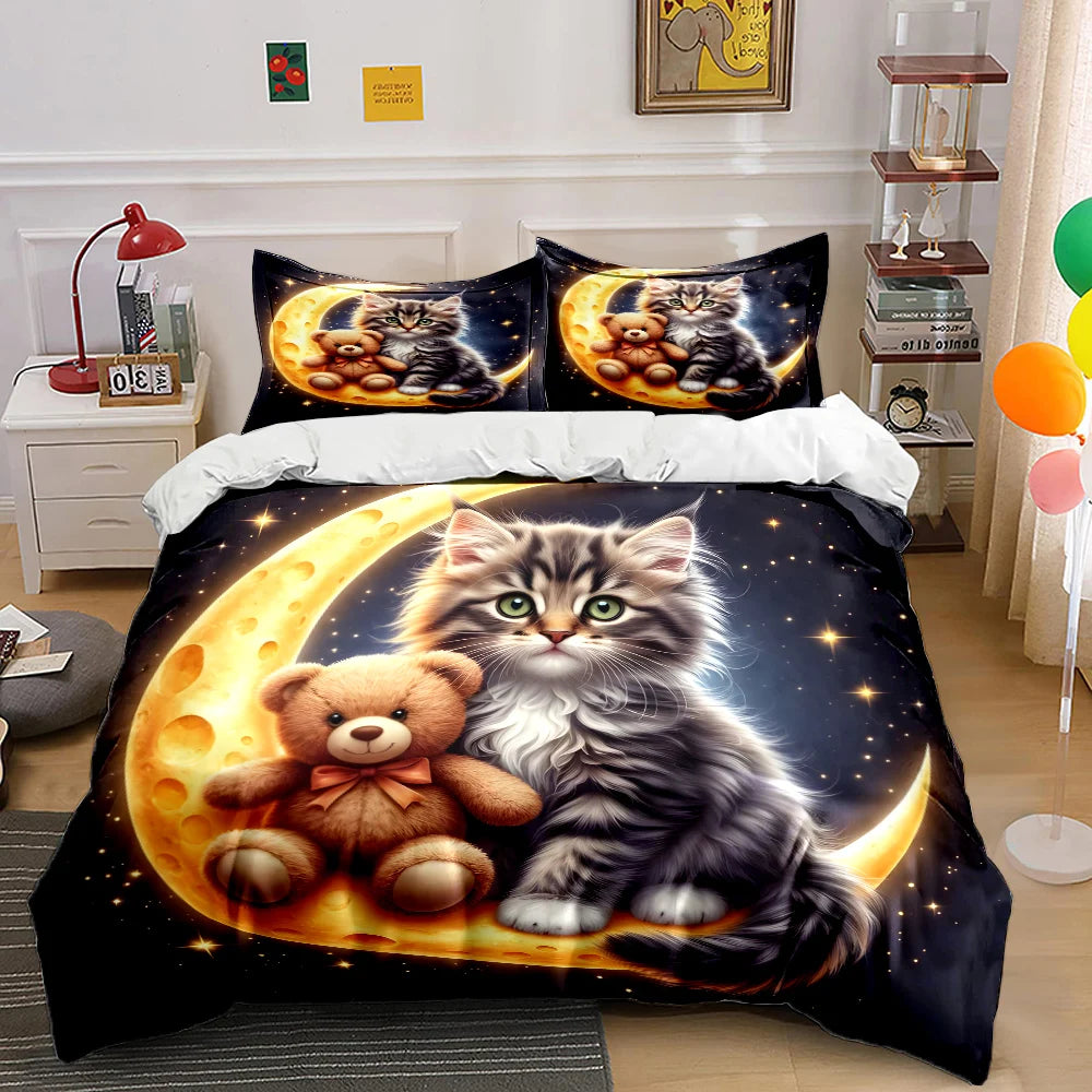 Dynebetrækssæt med sødt katte- og bamsemotiv på månen, digitalt print, farverigt sengetøj i polyester med lynlåslukning – gave til børn