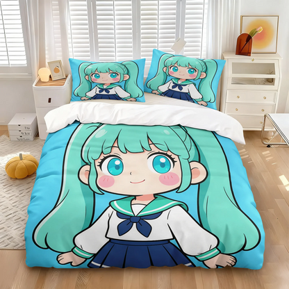 Σετ κάλυμμα παπλώματος Hatsune Miku σε στυλ Chibi – Χαριτωμένα κλινοσκεπάσματα anime με μαξιλαροθήκες – Διακόσμηση υπνοδωματίου για εφήβους και παιδιά – Δώρο για τους θαυμαστές