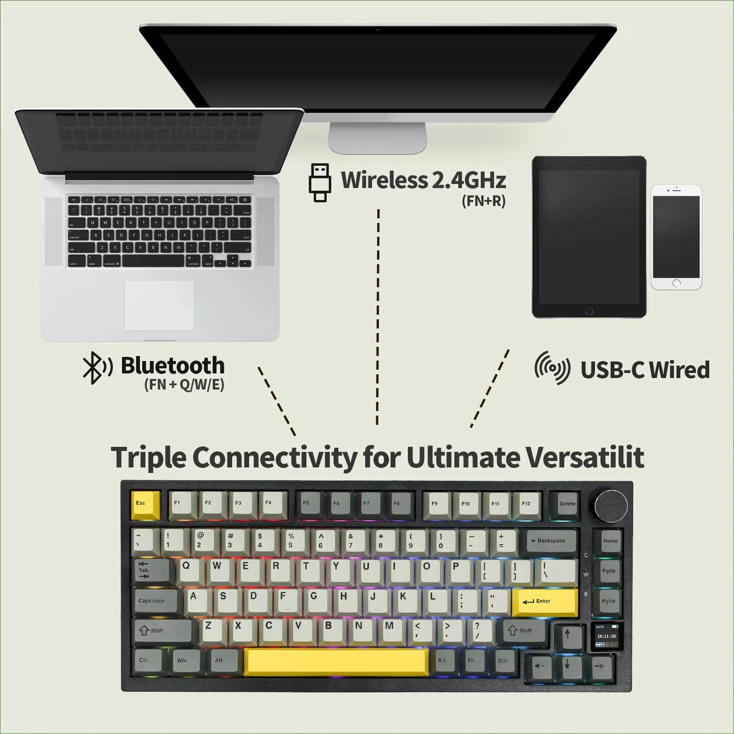 Ajazz AK820 Pro 75% Gasket-mounted Wired/Bluetooth 5.1/2.4G Wireless Mechanical Keyboard with TFT Screen for Win/Mac