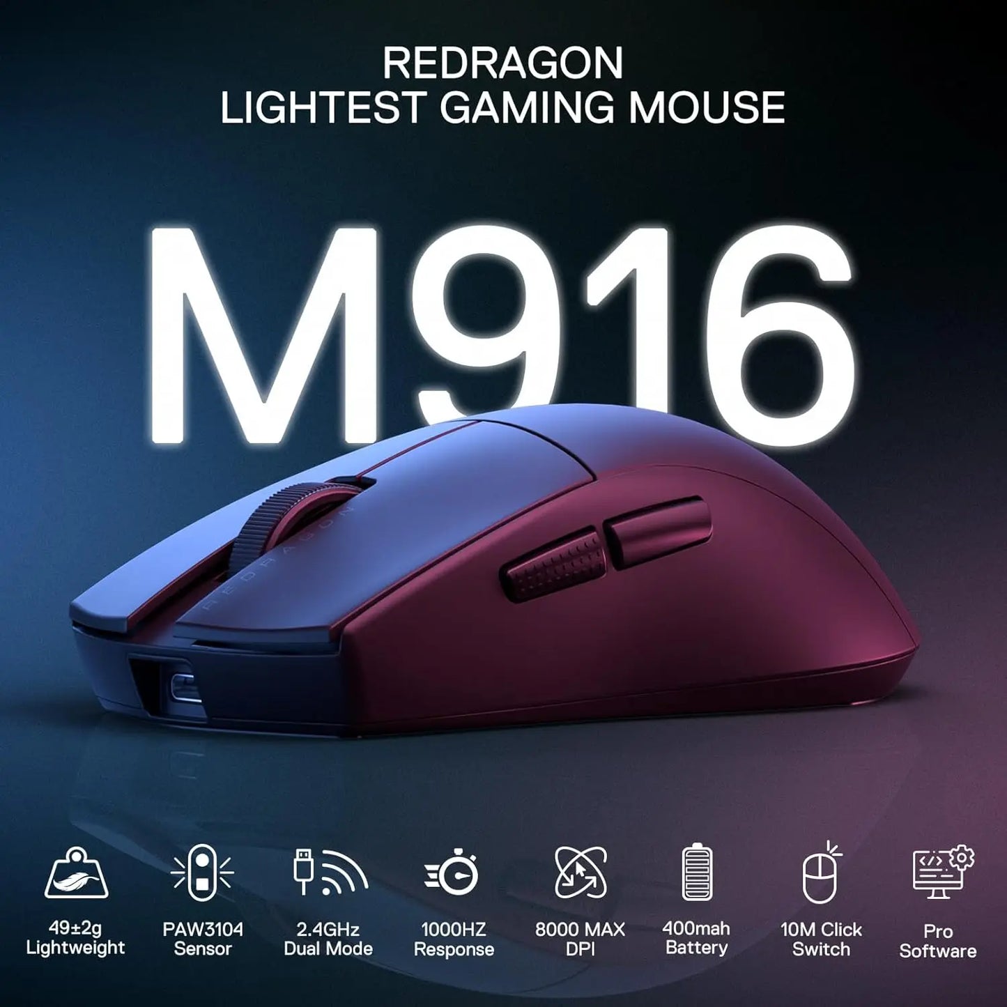 Redragon M916 Wireless Gamer Mouse, 49g Ultra-Light 8K DPI 2.4G Wireless Gaming Mouse with Ergonomic Natural Grip Build