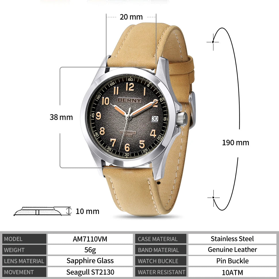 BERNY Automatic Watch Men  ST2130 Luminous Mechanical Wristwatch Sapphire Waterproof 10ATM Top Brand Luxury Watch for Men