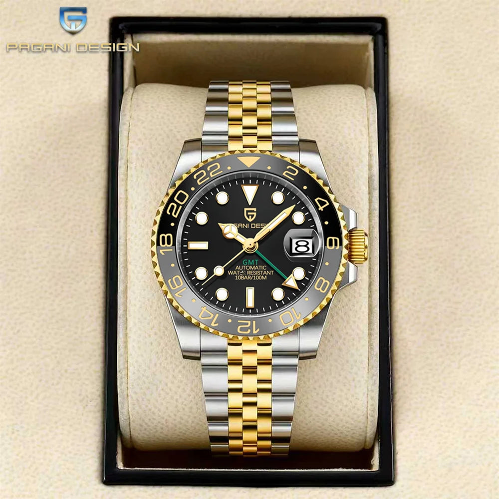Механичен мъжки часовник Pagani Design GMT – Луксозен модел със сапфирен кристал, корпус от неръждаема стомана и керамична рамка – Автоматичен мъжки часовник, професионален стил
