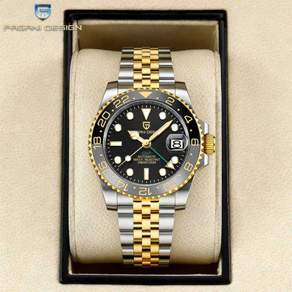 Механичен мъжки часовник Pagani Design GMT – Луксозен модел със сапфирен кристал, корпус от неръждаема стомана и керамична рамка – Автоматичен мъжки часовник, професионален стил