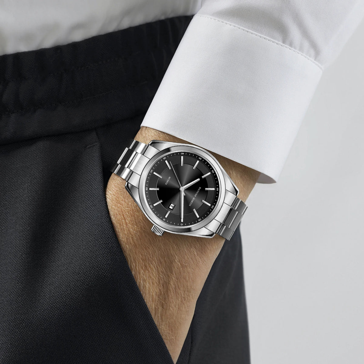 Ρολόι χαλαζία HANNAH MARTIN, 40 mm, για άνδρες, μπρασελέ από μαύρο ανοξείδωτο ατσάλι, αδιάβροχο έως 3 bar, στυλ sport-chic