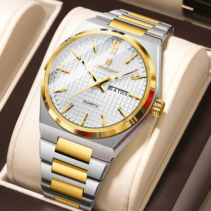 Reloj de pulsera de lujo para hombre POEDAGAR, resistente al agua, luminiscente, de acero inoxidable, con fecha y día de la semana, de cuarzo, estilo ejecutivo.