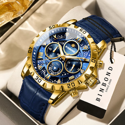 Montre-bracelet à quartz BINBOND authentique et précise pour homme, chronographe lumineux étanche de luxe avec bracelet en cuir.