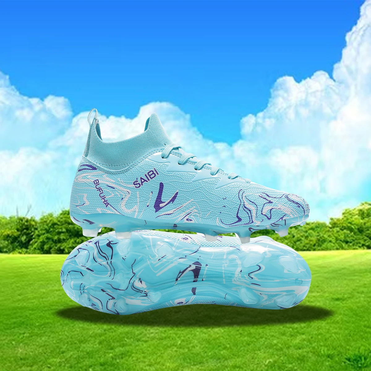 Chaussures de football, sneakers, chaussures de soccer, au-dessus de la cheville mais pas jusqu'au genou, semelle antidérapante à crampons.
