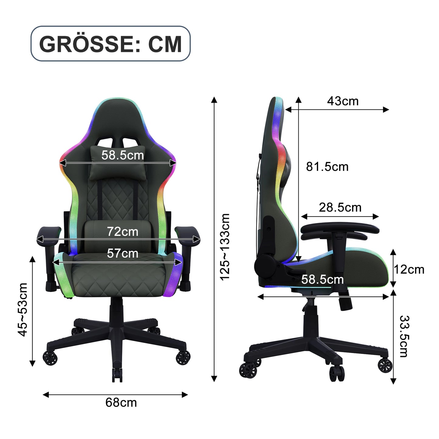 Fangange Gaming Chair with Massage Function, Adjustable backrest, Computer Chair, with ambient light, Lumbar Cushion, Pillow, 150 KG