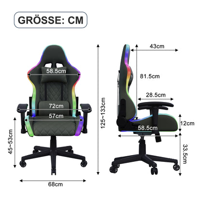 Fangange Gaming Chair with Massage Function, Adjustable backrest, Computer Chair, with ambient light, Lumbar Cushion, Pillow, 150 KG
