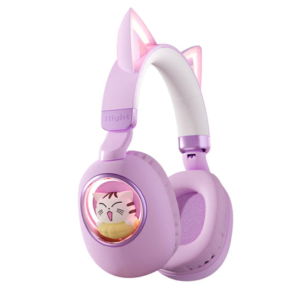 Casque sans fil pour enfants Bluetooth 5.4 avec oreilles de chat, lumière RGB, casque supra-auriculaire avec batterie 400mAh, 20H d'autonomie, faible latence