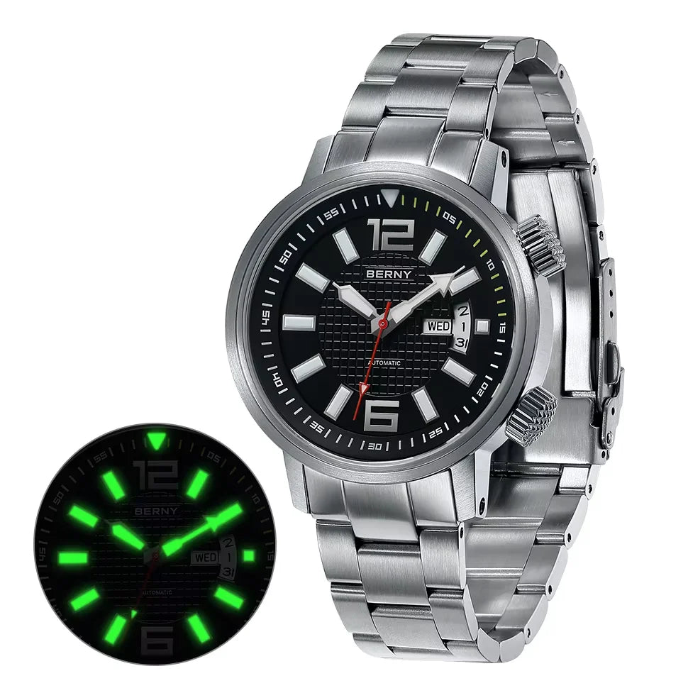 BERNY 20ATM Diver Automatic Mechanical Watch for Men Super Luminous Waterproof Swimming Dive Wristwatch Sapphire Self Winding