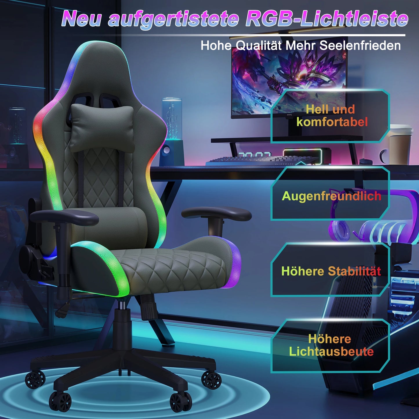 Rosahqnda Gaming Chair with Massage Function, Adjustable Backrest, Computer Chair, with Ambient Light, Lumbar Cushion, Pillow, 150 KG