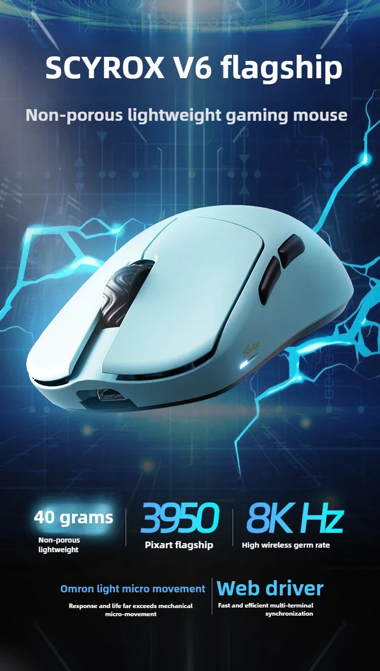 SCYROX V6 Wireless Gaming Mouse with PAW3950 Sensor, 8KHz Polling Rate, 24,600 DPI, 40g Ultra-Light Esports Mouse with 8K Receiver