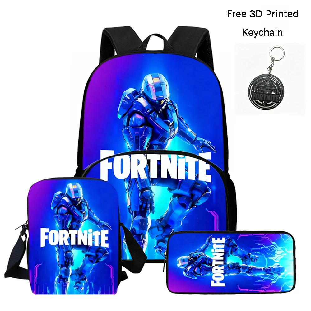 FORTNITE 3Pcs School Backpack Set,Front Pocket Bag Crossbody Pencil Case,Age5-10 Boys Girls Lightweight,Free 3D Printed Keychain