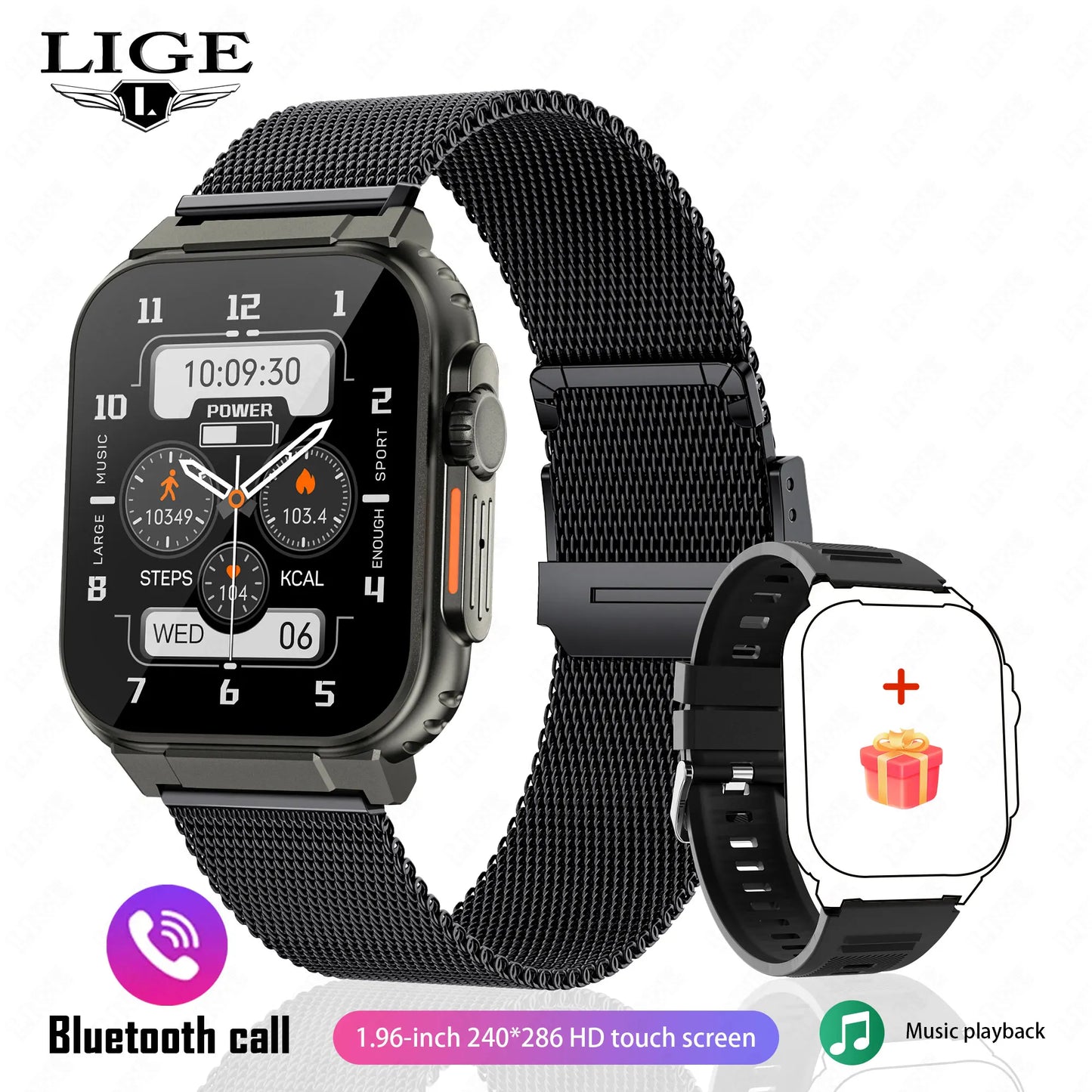 LIGE 600mAh New Ultra Smart Watch Men Bluetooth Call TWS Local Music Sport Clock 1.96'' IP68 Waterproof Relógio Smartwatch Women