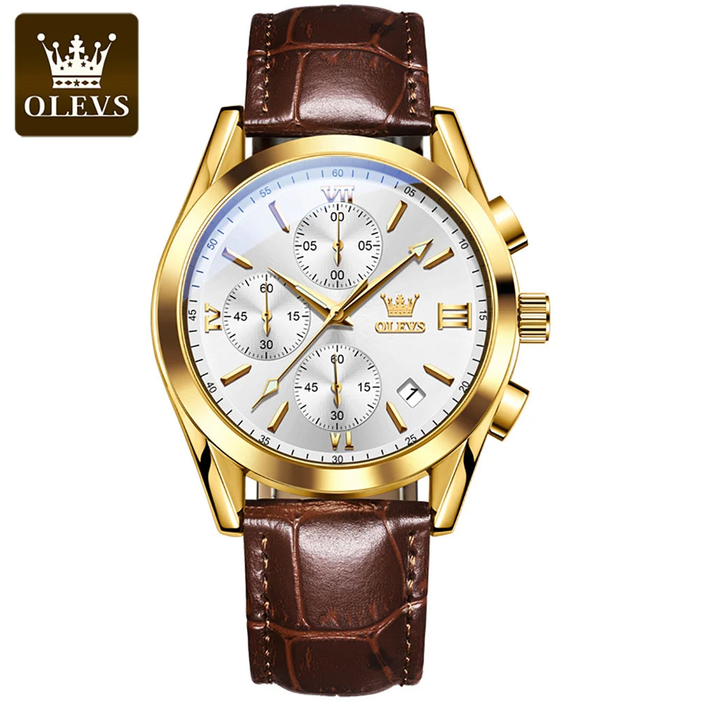 Orologio da polso cronografo da uomo OLEVS 2872 – Cinturino in pelle, impermeabile, lancette luminescenti, movimento al quarzo, stile sportivo di lusso