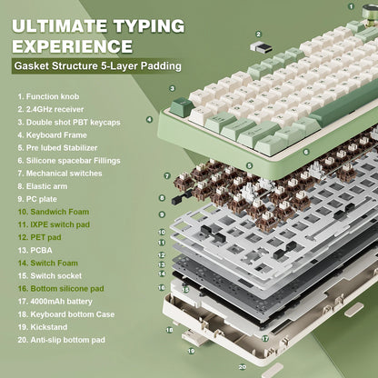 YUNZII B75 PRO Green Mechanical Gaming Keyboard, Gasket 75 Knob RGB Keyboard, BT/Wired/Wireless  Hot-Swap Custom Creamy Keyboard