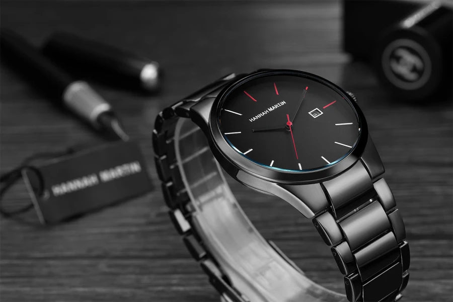 Montre pour homme Hannah Martin, boîtier en acier inoxydable, mouvement à quartz, cadran de 41 mm, style professionnel, avec affichage du calendrier (imitation)