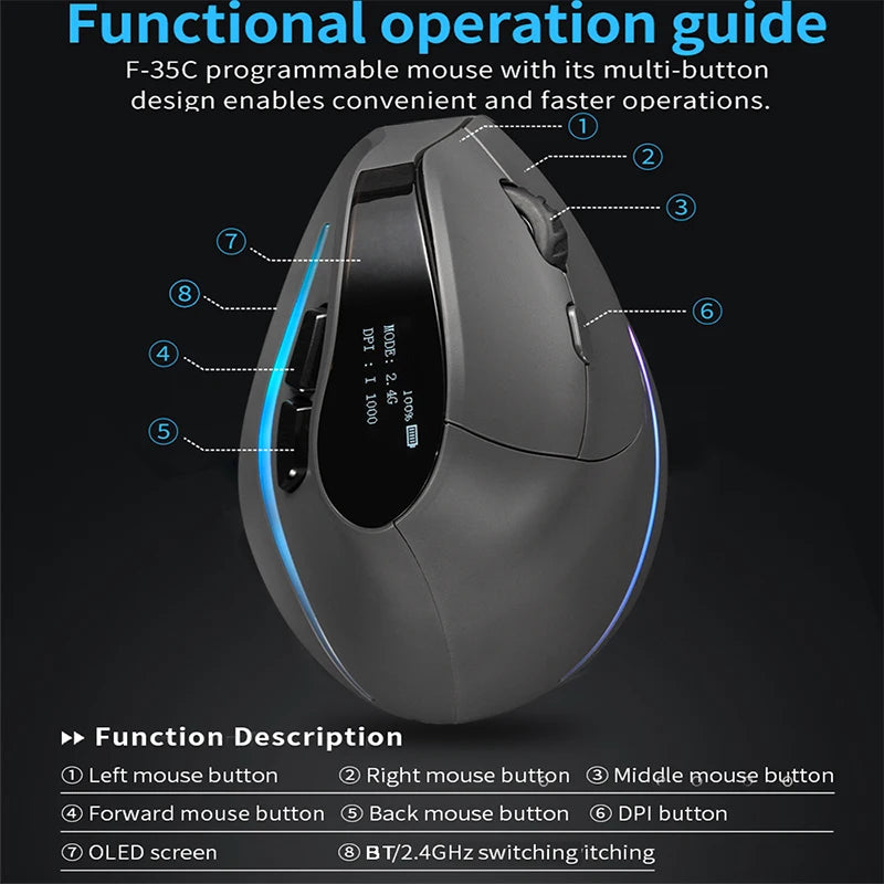 Rechargeable Wireless Vertical Mouse With Screen Display Ergonomic Mice 6 Button Programmable Gaming Mouse for Gamer Desktop
