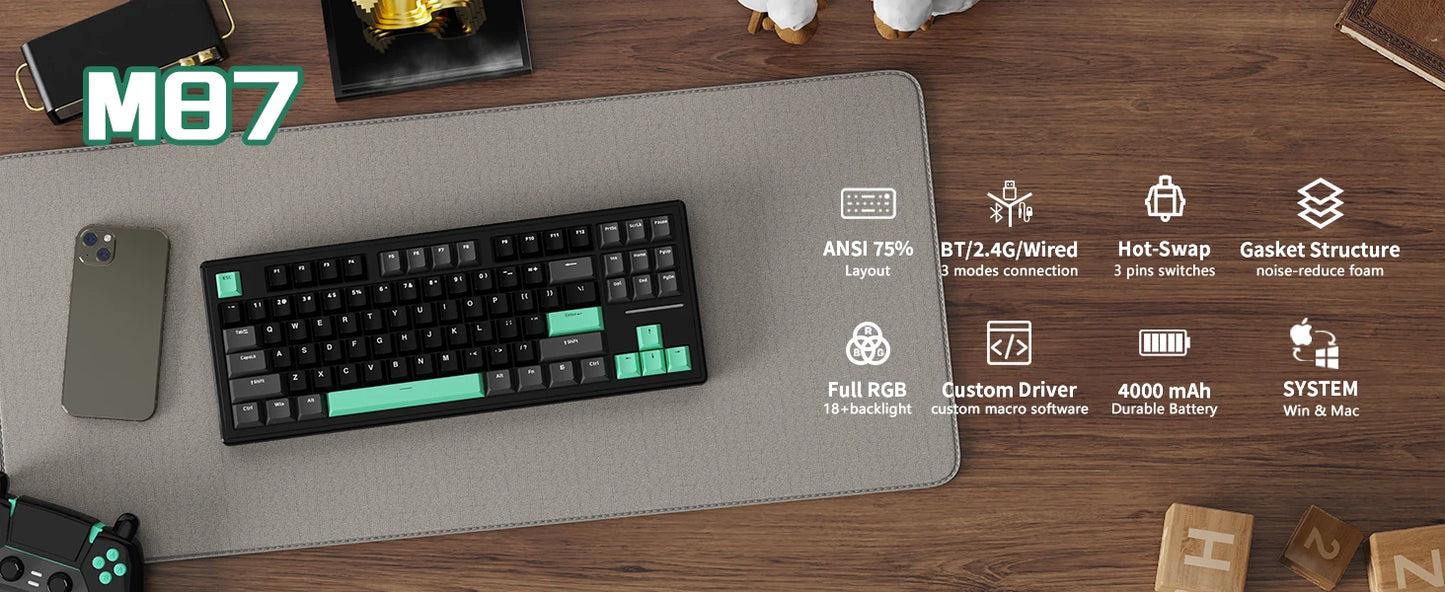 Attack Shark M87 TKL Wireless Mechanical Gaming Keyboard, RGB Backlit Compact Hot-Swappable Gasket Programmable USB-C/BT/2.4GHz