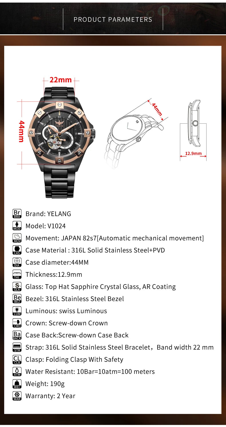 Yelang V1024 Men's Brand Watches 44mm Japan Miyota 82S7 Automatic Mechanical Movement Luminous Men's 100m Waterproof Business Watch