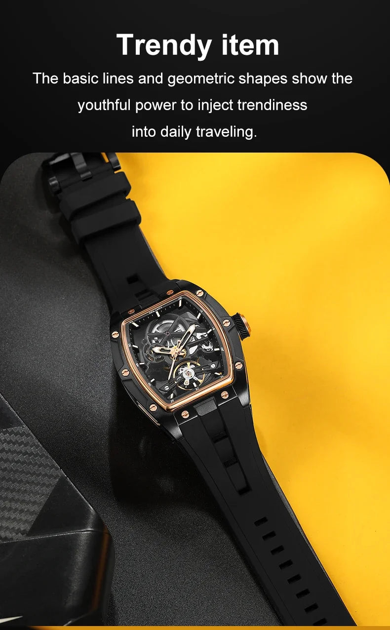 Orologio da polso automatico MEGIR da uomo, fashion, cinturino in silicone nero, impermeabile, luminoso, sportivo, meccanico, con quadrante tonneau 2242