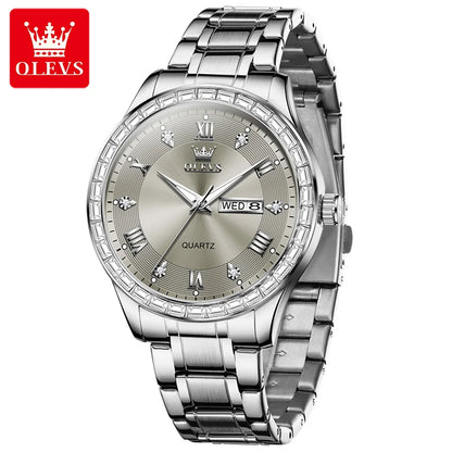 OLEVS 9906 men’s quartz watch, square model set with diamonds, stainless steel strap, water-resistant, with dual calendar; a luxury, original wristwatch, ideal for the workplace.
