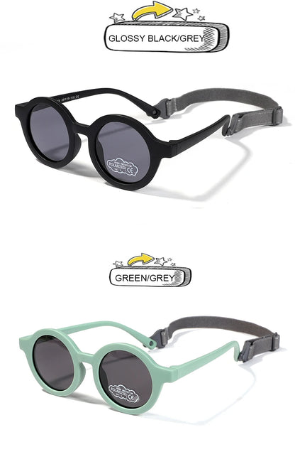 Kids Round TAC Polarized Baby Sunglasses for Toddler Boys Girls TPEE Flexible Soft Frame with Strap for Infant Age 0-3 Shades