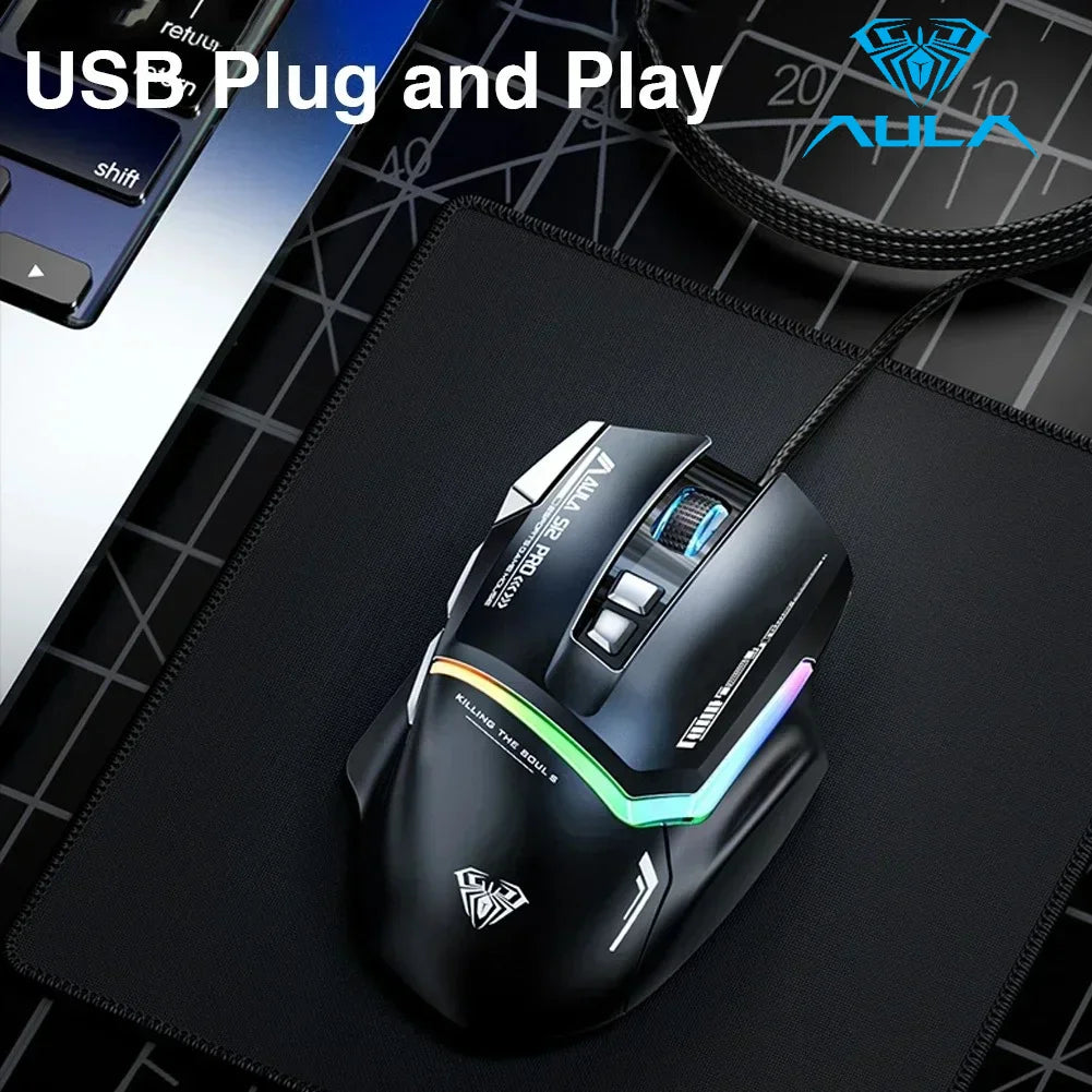 AULA S12Pro Wired Mechanical Mouse 1000HZ 12800DPI RGB Low Latency Macro Defines Esports Gaming Mouse PC Gamer Accessories
