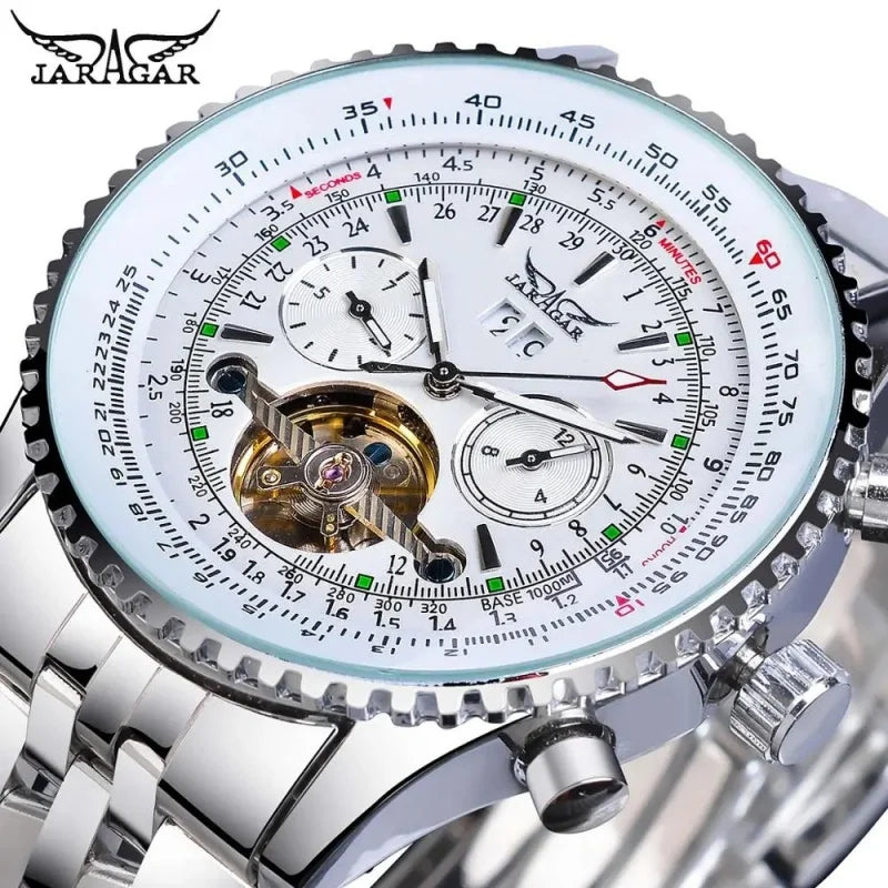 JARAGAR 034 luxe retro automatisch mechanisch horloge, tourbillon, hol skelet, roestvrij staal, weekkalender, herenhorloge
