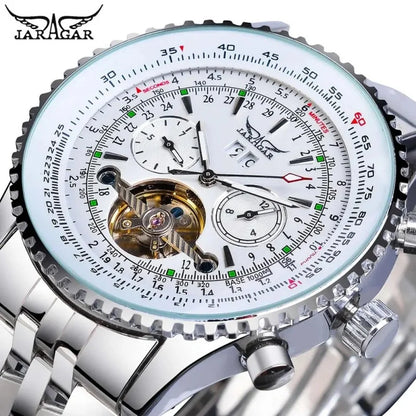 JARAGAR 034 luxe retro automatisch mechanisch horloge, tourbillon, hol skelet, roestvrij staal, weekkalender, herenhorloge