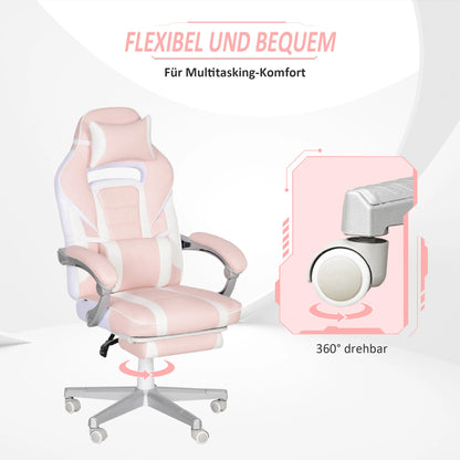 Pink Gaming Chair with Footrest, Adjustable, Headrest & Lumbar Pillow, 360° Swivel, High Back, Faux Leather, Max Load 120kg