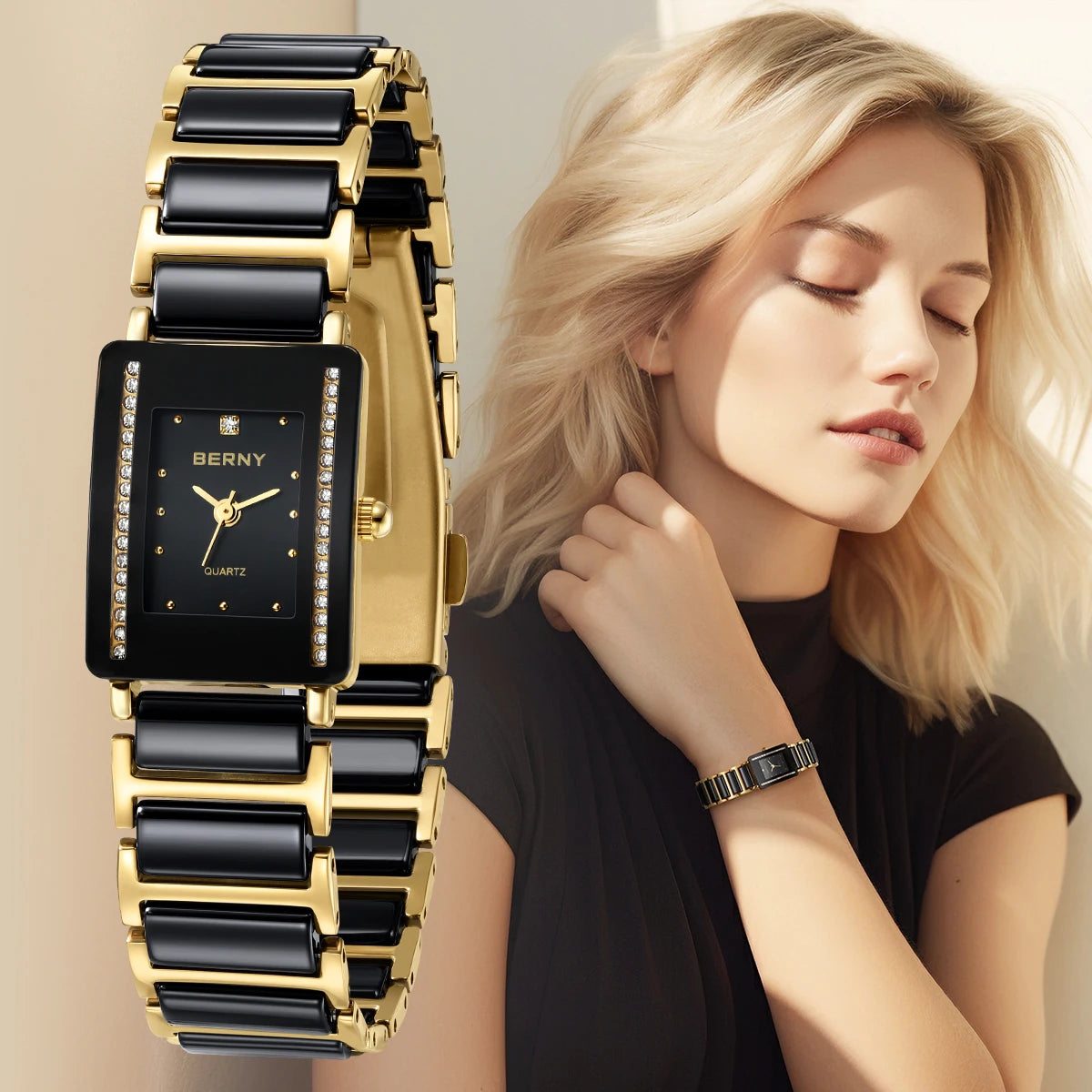 BERNY Ceramic Quartz Men Watch Fashion Luxury Rectangle Wristwatch XV12 Waterproof Calendar Diamon Black Gold Couple Gifts Watch