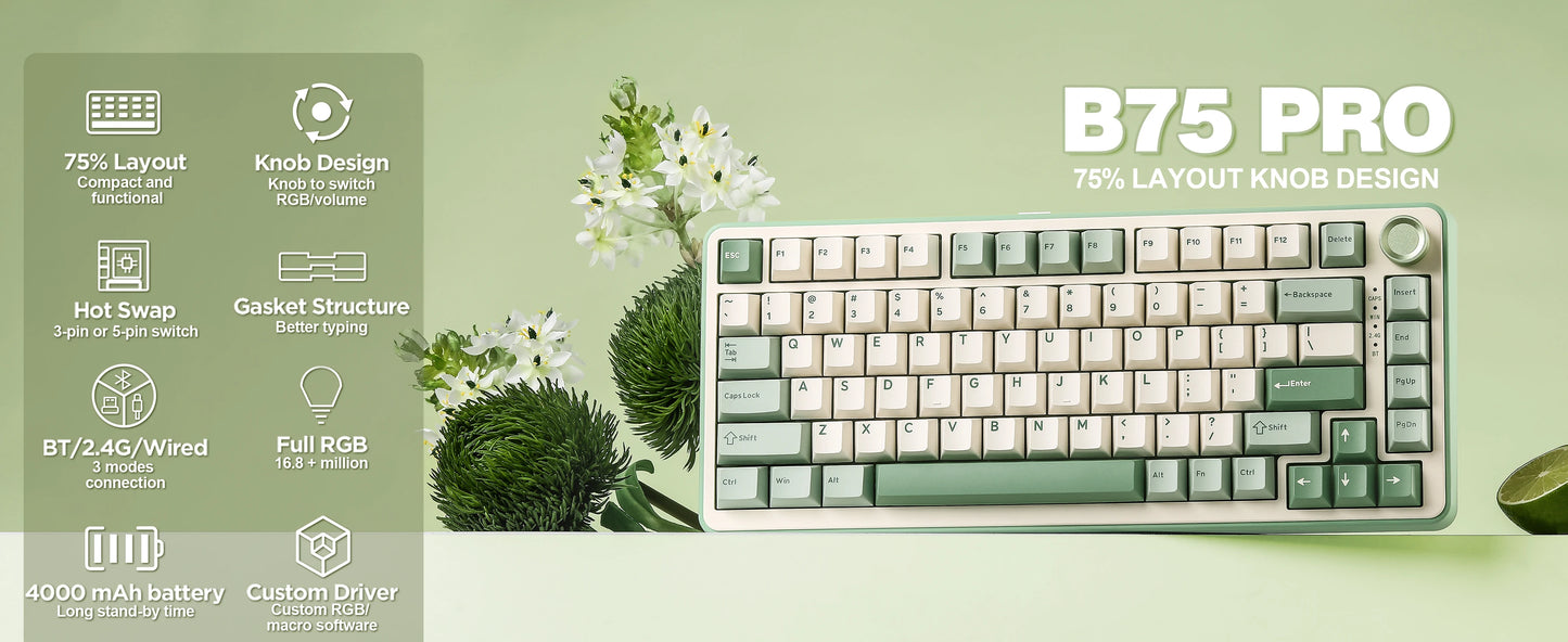 YUNZII B75 PRO Green Mechanical Gaming Keyboard, Gasket 75 Knob RGB Keyboard, BT/Wired/Wireless  Hot-Swap Custom Creamy Keyboard