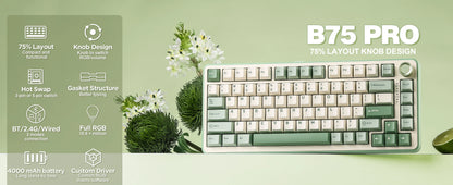 YUNZII B75 PRO Green Mechanical Gaming Keyboard, Gasket 75 Knob RGB Keyboard, BT/Wired/Wireless  Hot-Swap Custom Creamy Keyboard