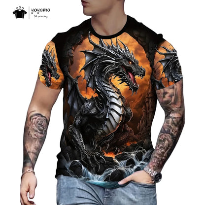 Pánská trička s motivem draka, tričko s krátkým rukávem, módní streetwear, tričko s kulatým výstřihem, trendové zvířecí motivy, 3D tisk, volný střih, univerzální pánské oblečení