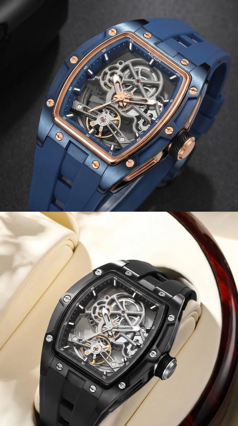 MEGIR mechanisch herenhorloge, tonvormig, opengewerkte skeletwijzerplaat, sportieve stijl, siliconen band, luxe automatisch horloge