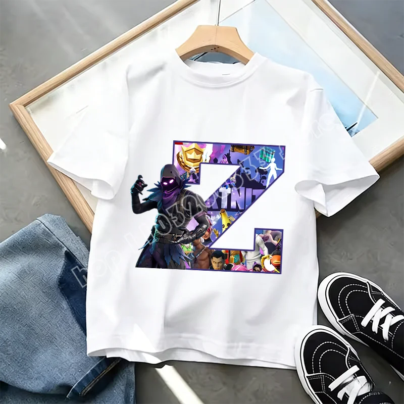Fortnite A-Z Alphabet Print T-Shirt für Kinder, Sommer, weiß, beliebtes Cartoon-Game-Shirt, modisches Casual-Kurzarmtop, Geschenk